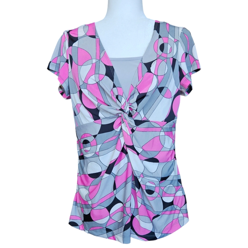 2/$30 Serenade New York pink grey and black top geometric pattern polyester sz L